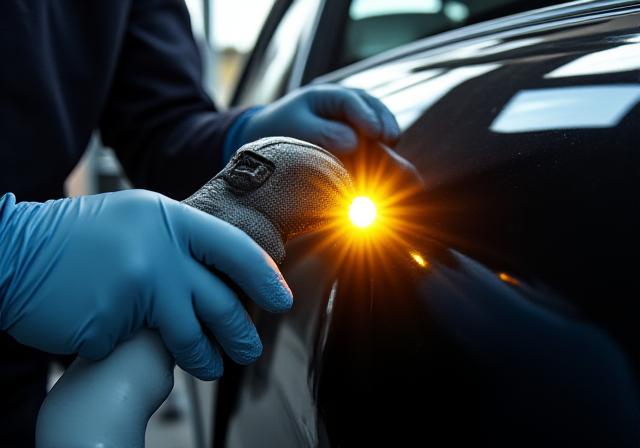 Close up of a detailer meticulously inspecting a car's paintwork with a specialized light.