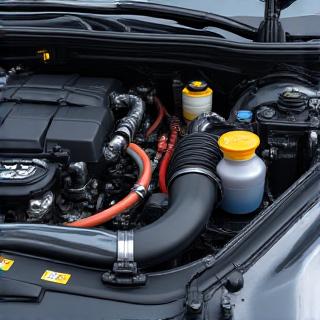 A meticulously detailed and spotless car engine bay, looking factory fresh.