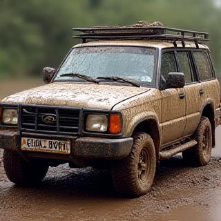 A very dirty off-road SUV covered in caked mud before detailing.