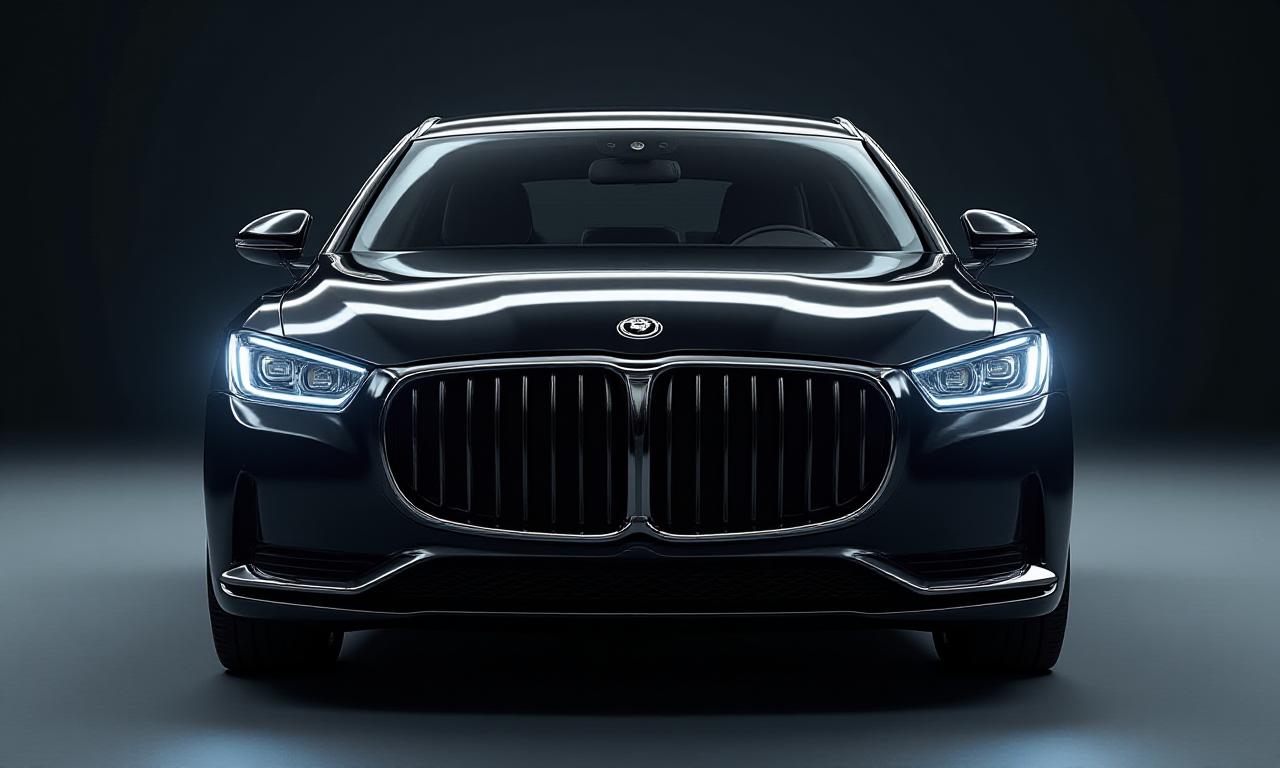 A high-end black luxury sedan gleaming under studio lights with perfect reflections.