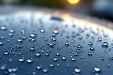 Water beading perfectly on a car's hood, showcasing the hydrophobic properties of a fresh ceramic coating application.