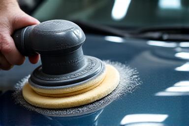 A professional detailer using an orbital buffer to polish the hood of a car, removing imperfections.